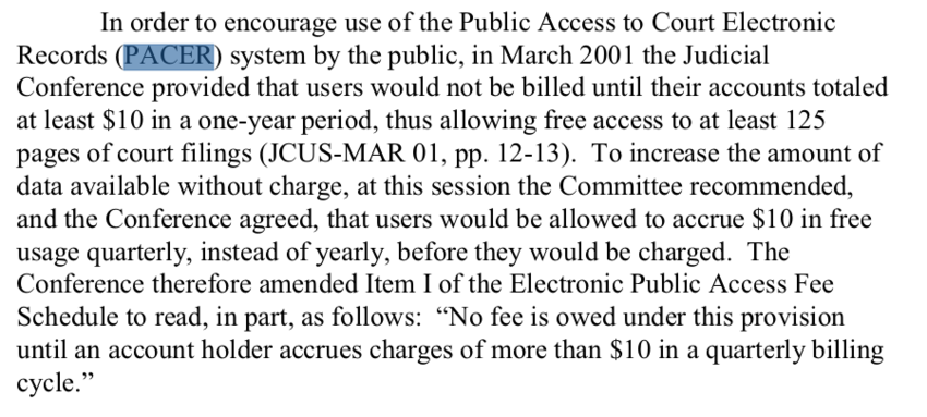 Screenshot of PACER fee changes